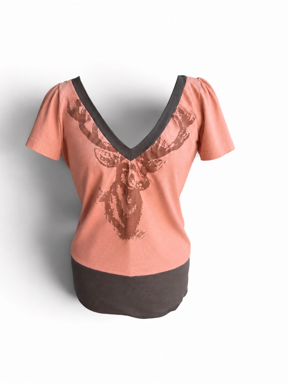 Anthropologie Peach V-Neck Short Sleeve Tee with Charcoal Trim